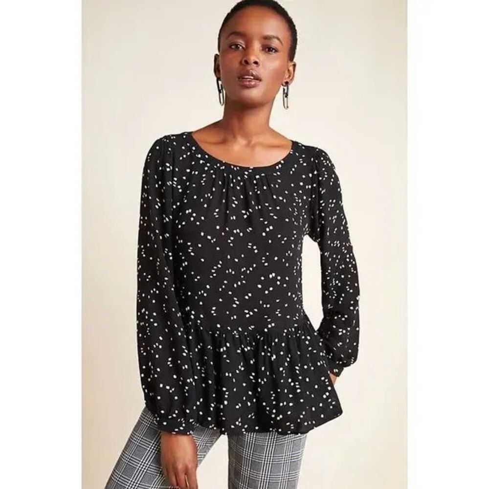 Anthropologie Maeve Cheyenne Black and White Peplum Blouse Polka Dot Size